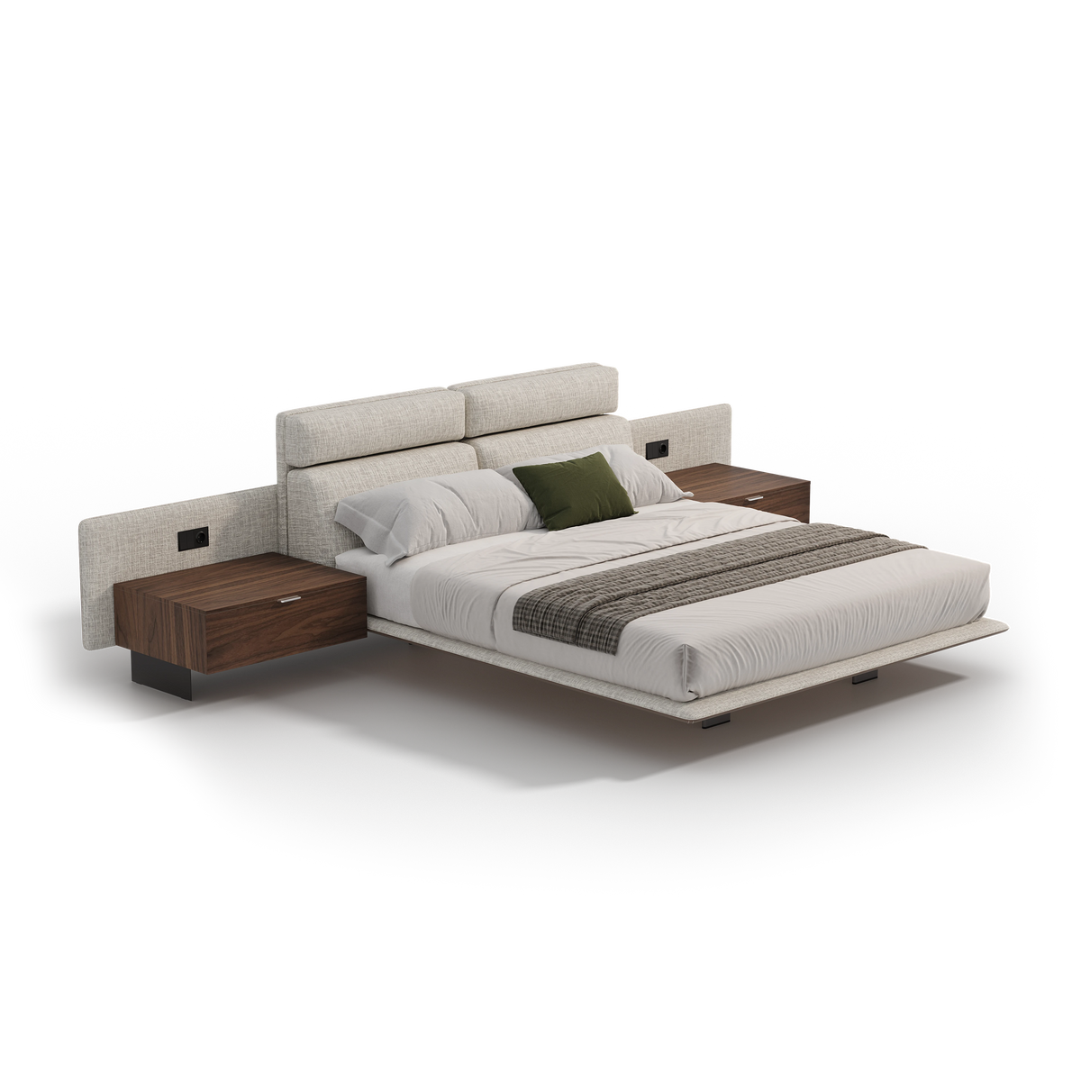 Angled view of the beige Chill bed with adjustable headrests, an upholstered wall headboard, and integrated nightstands.