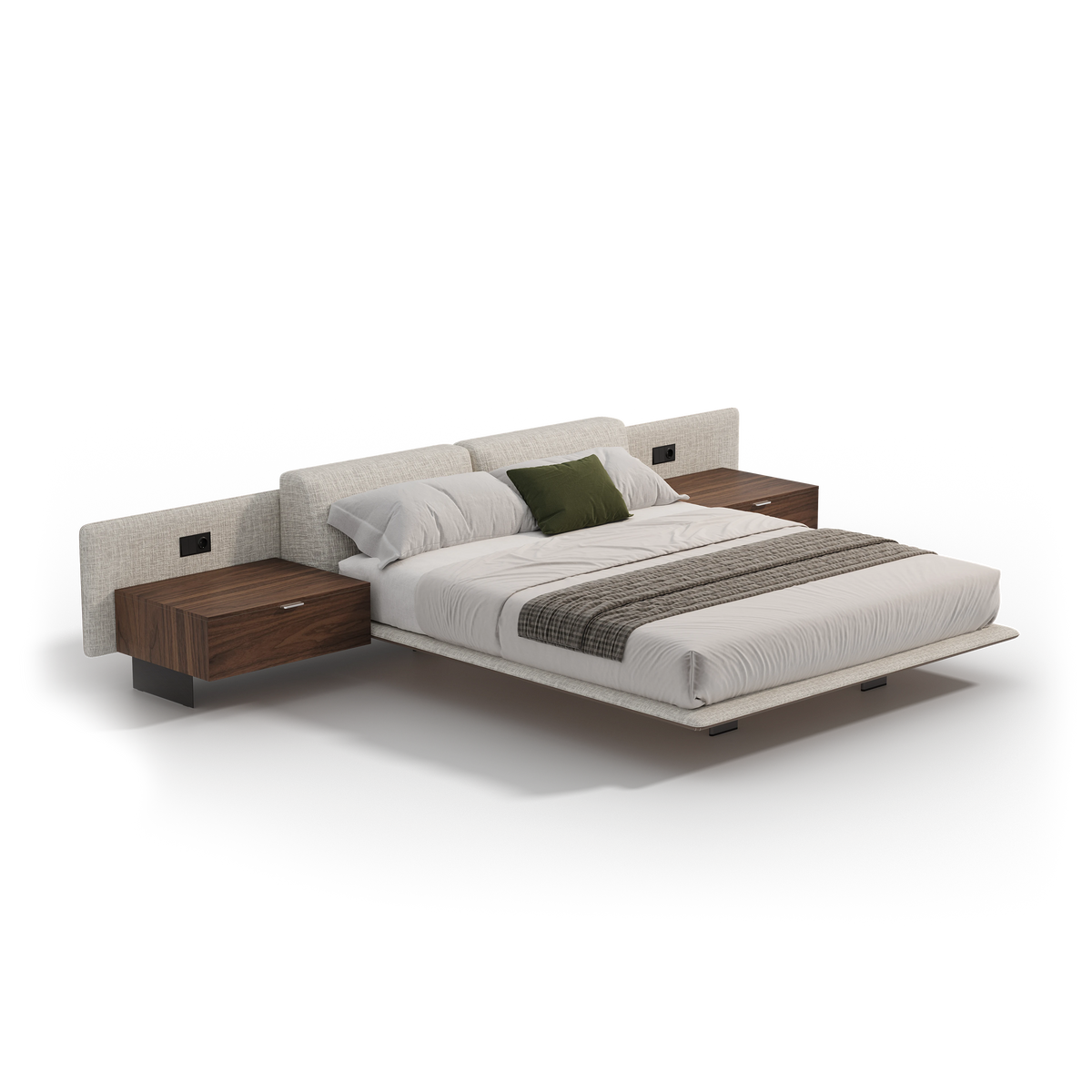 Angled view of the beige Chill bed without headrests, an upholstered wall headboard, and integrated wood nightstands.