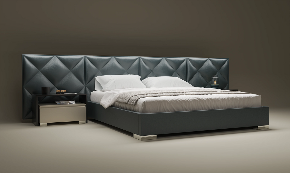 Angled product view of the dark grey Diamond bed with extended upholstered diamond panels and stainless steel legs.