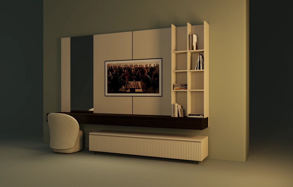 Angled view of the Bento modular dresser with an optional TV installation, wall cladding, open shelving, and mixed drawer units.