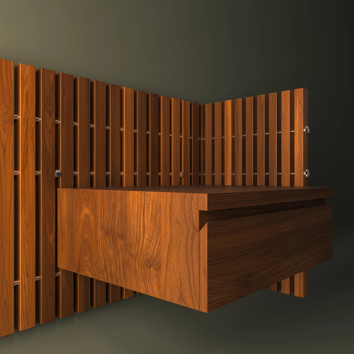 Angled view of the Cove mounted nightstand with a wood veneer drawer and tapered concealed handle integrated into a slatted headboard.
