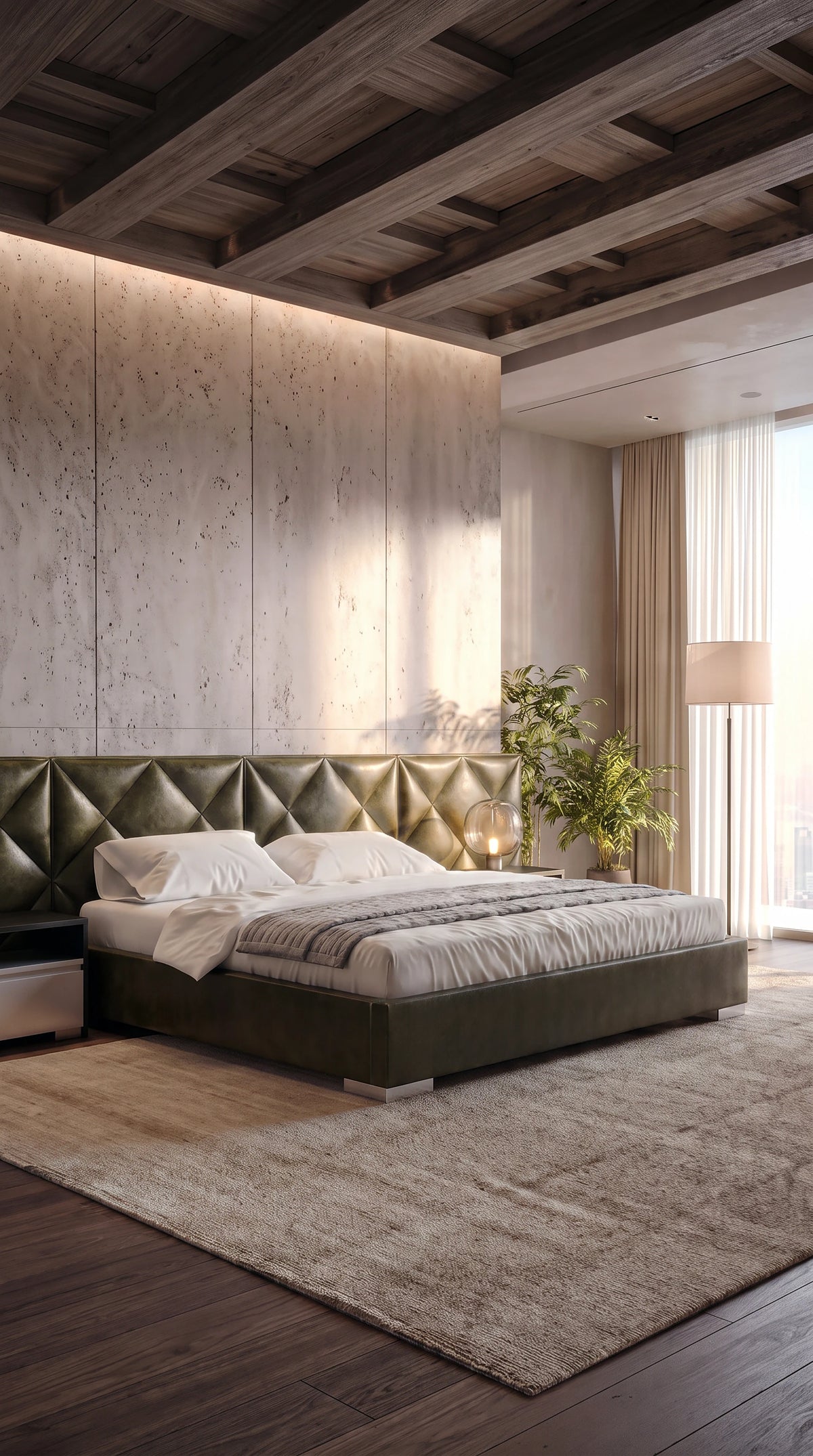 Angled view of the dark green Diamond bed with geometric upholstered cladding, a padded platform, and neutral bedding.
