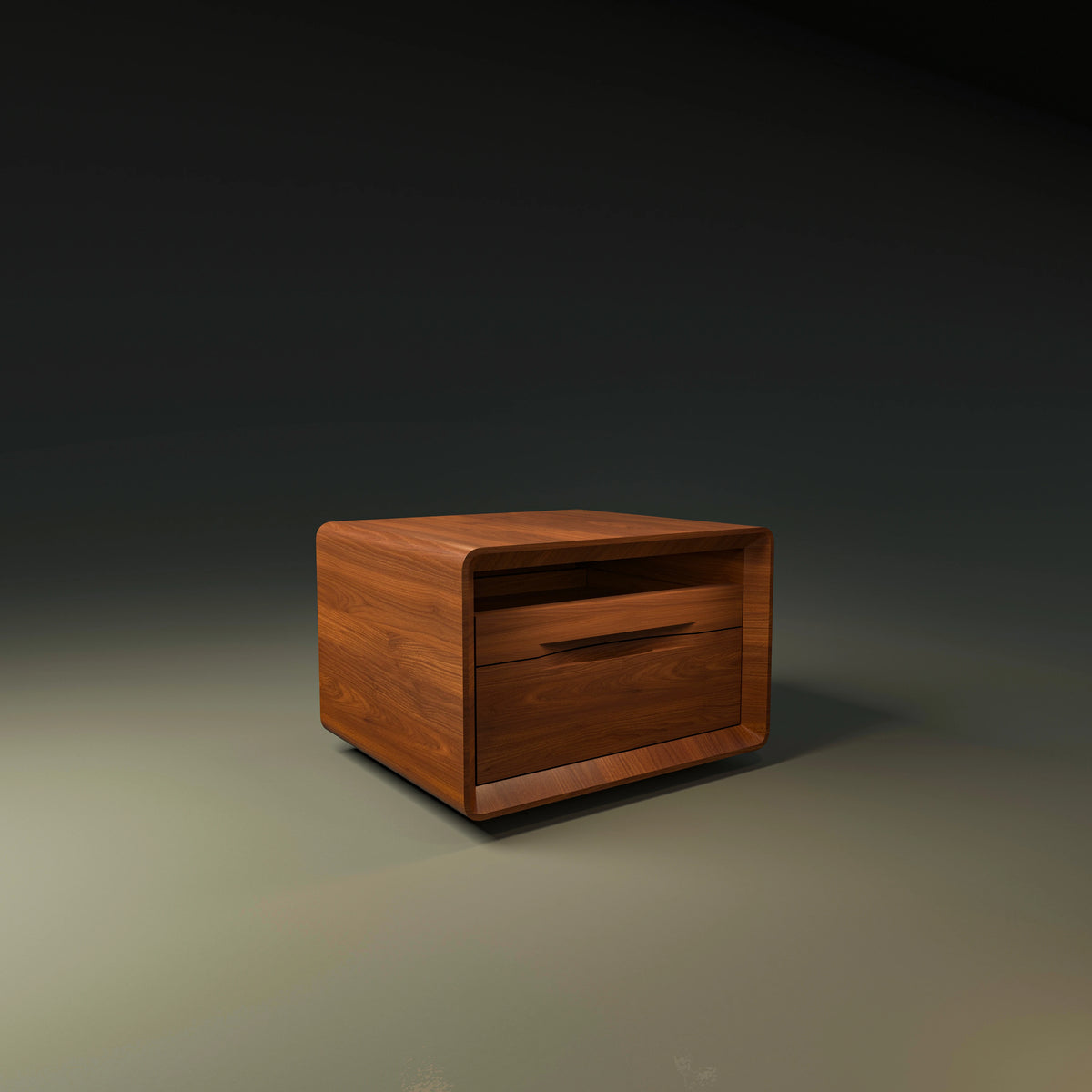 Angled view of the Groove Nightstand in wood veneer with two drawers, integrated groove handles, and softly curved outer corners.