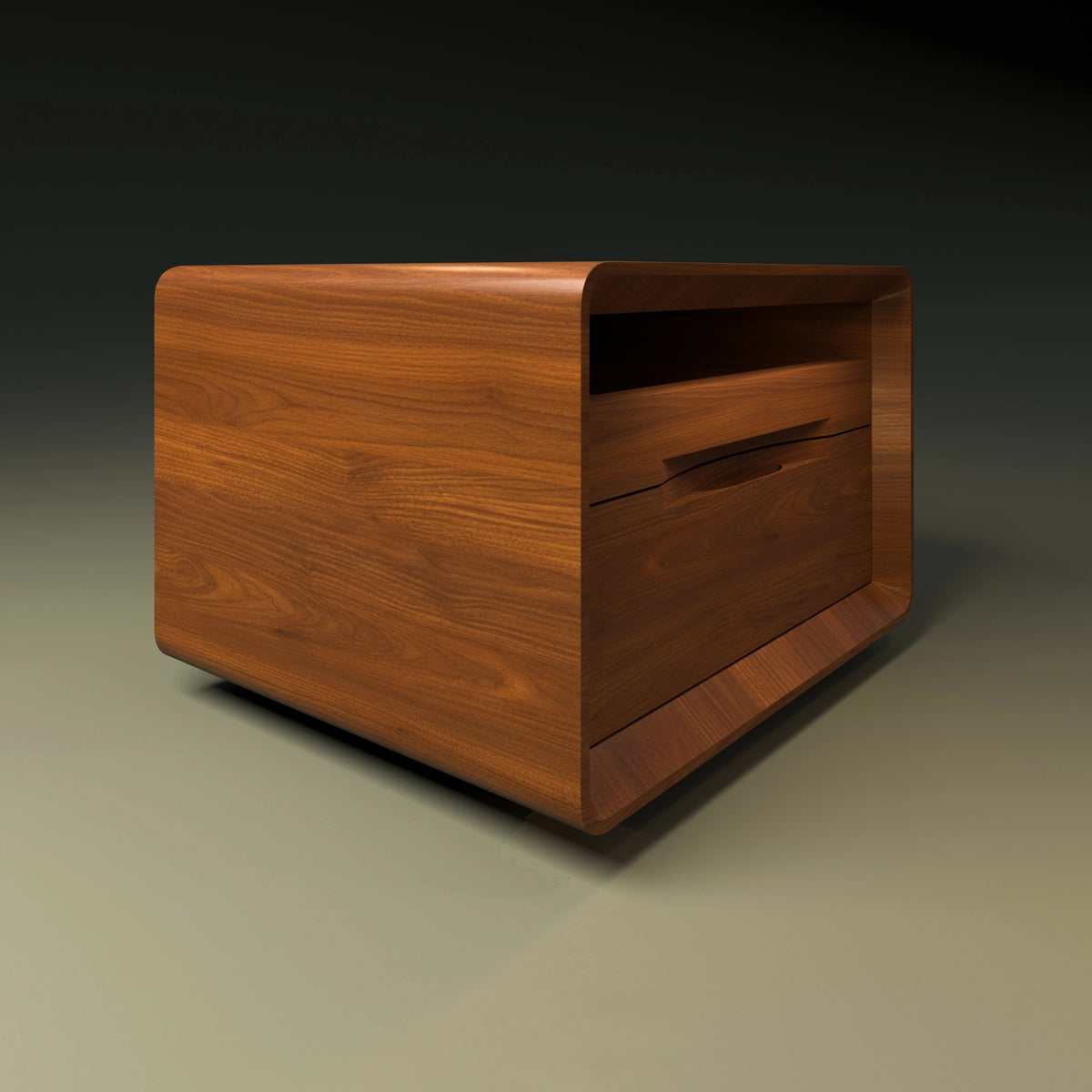 Angled view of the Groove Nightstand with a shallow upper tray, larger lower drawer, integrated handles, and curved wood veneer frame.