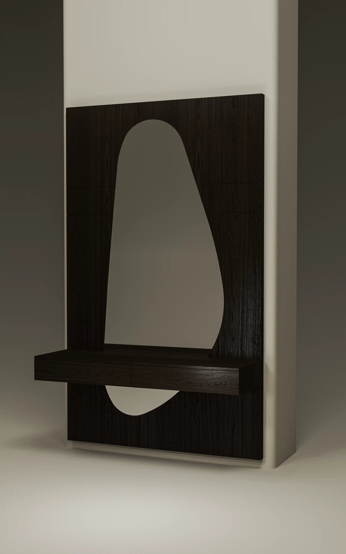 Angled view of the Halo dresser with a freeform mirror, dark carved wood cladding, and elevated drawers with tapered undersides.