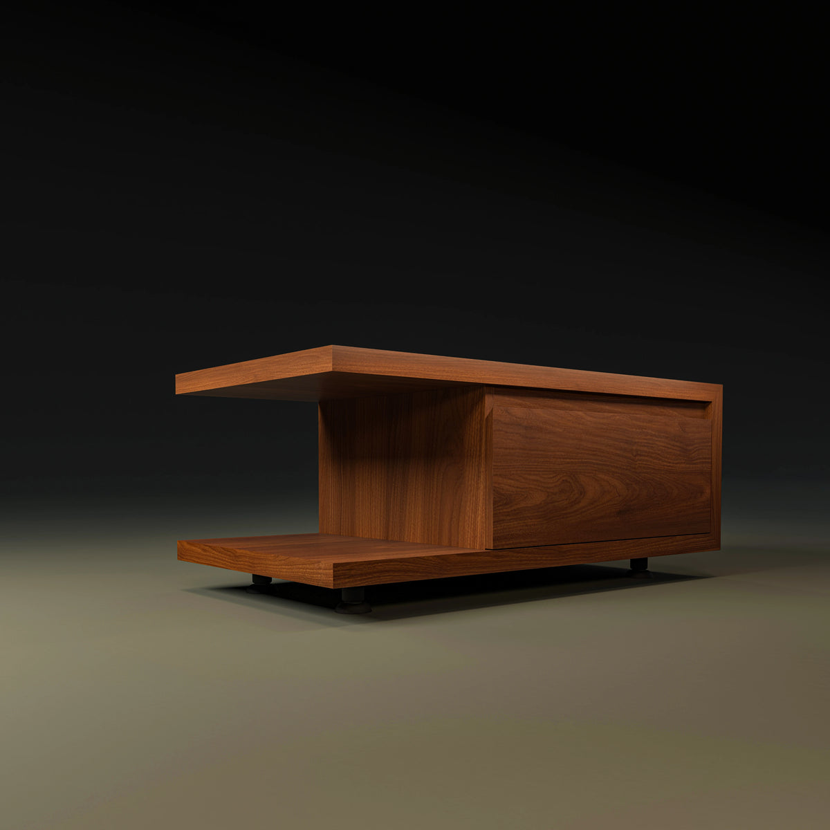 Angled view of the Nook Nightstand with a wood veneer drawer, concealed tapered handle, and accessible open side storage.