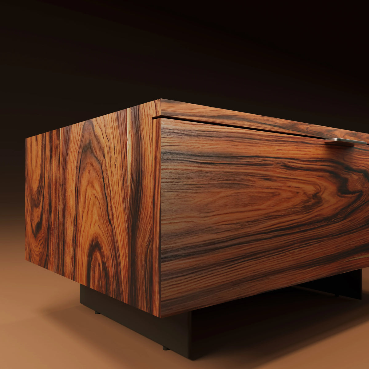 Angled view of the Pali Nightstand highlighting its palisander veneer grain, slim stainless steel handle, and elevated metal base.