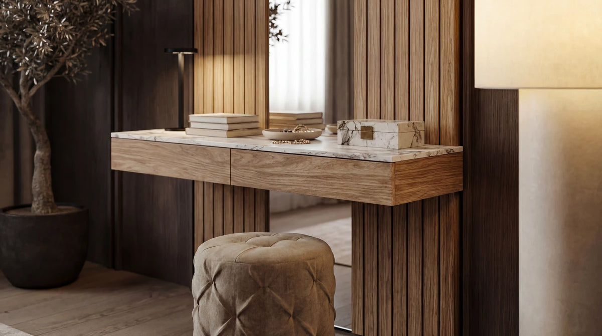 Angled view of the Raft modular dresser with vertical oak slats, dark cladding, and a marble-topped drawer with concealed handles.