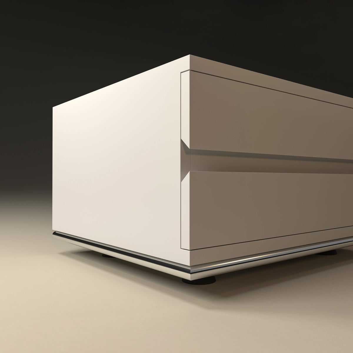 Angled view of the Spade Nightstand with two white drawers, concealed handles, and stainless steel tubing around the base.