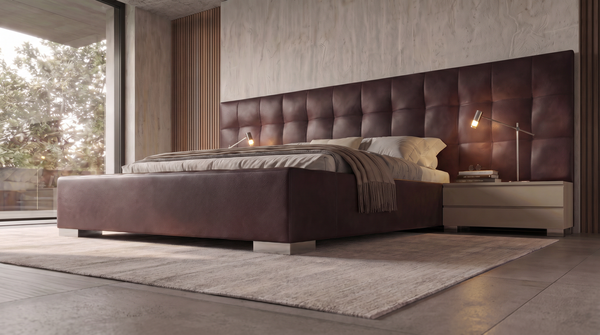 Angled view of the dark brown Square bed with extended square tufted cladding, a padded platform, and integrated nightstands.