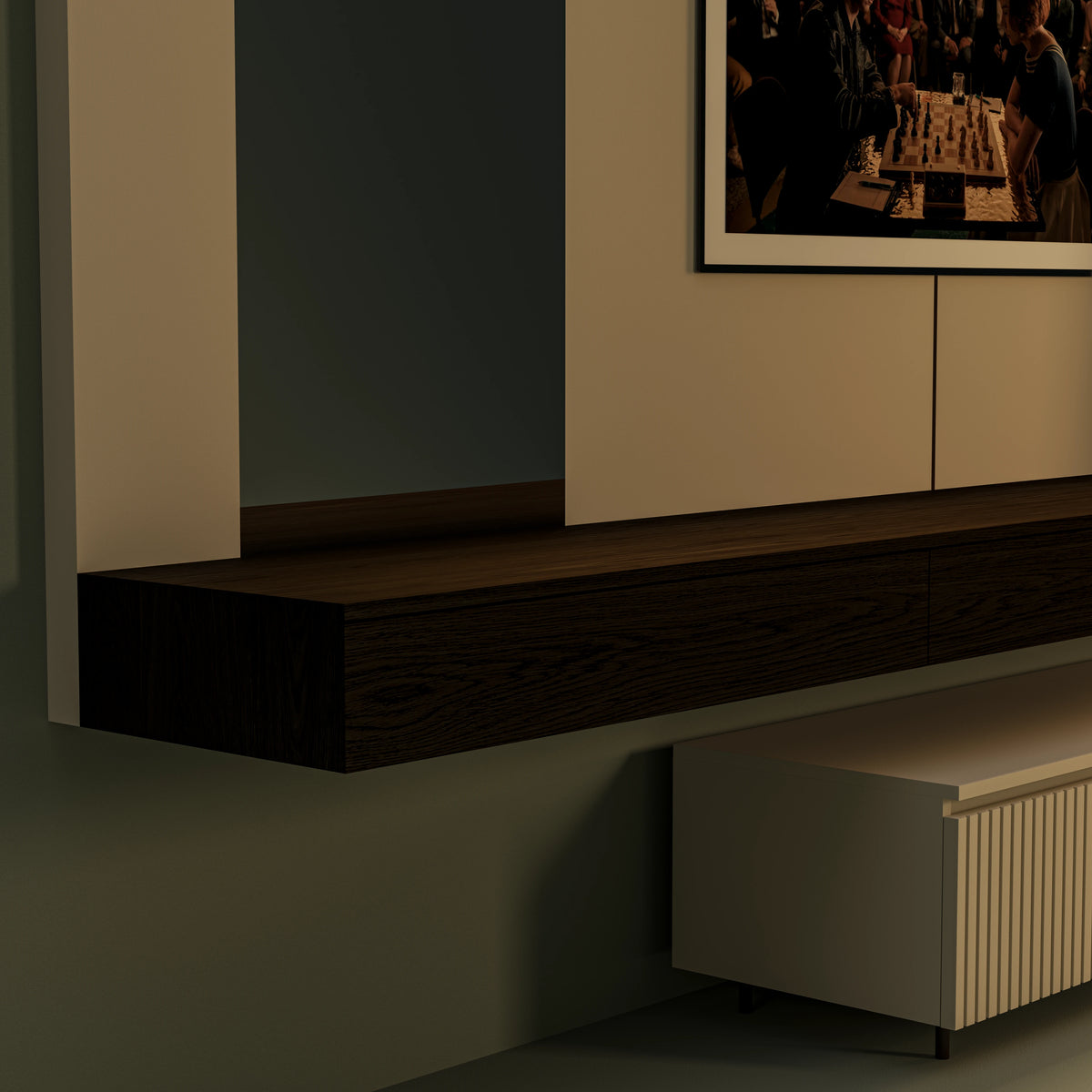 Close-up of the Bento modular dresser’s elevated dark drawer with a tapered underside and concealed handle.