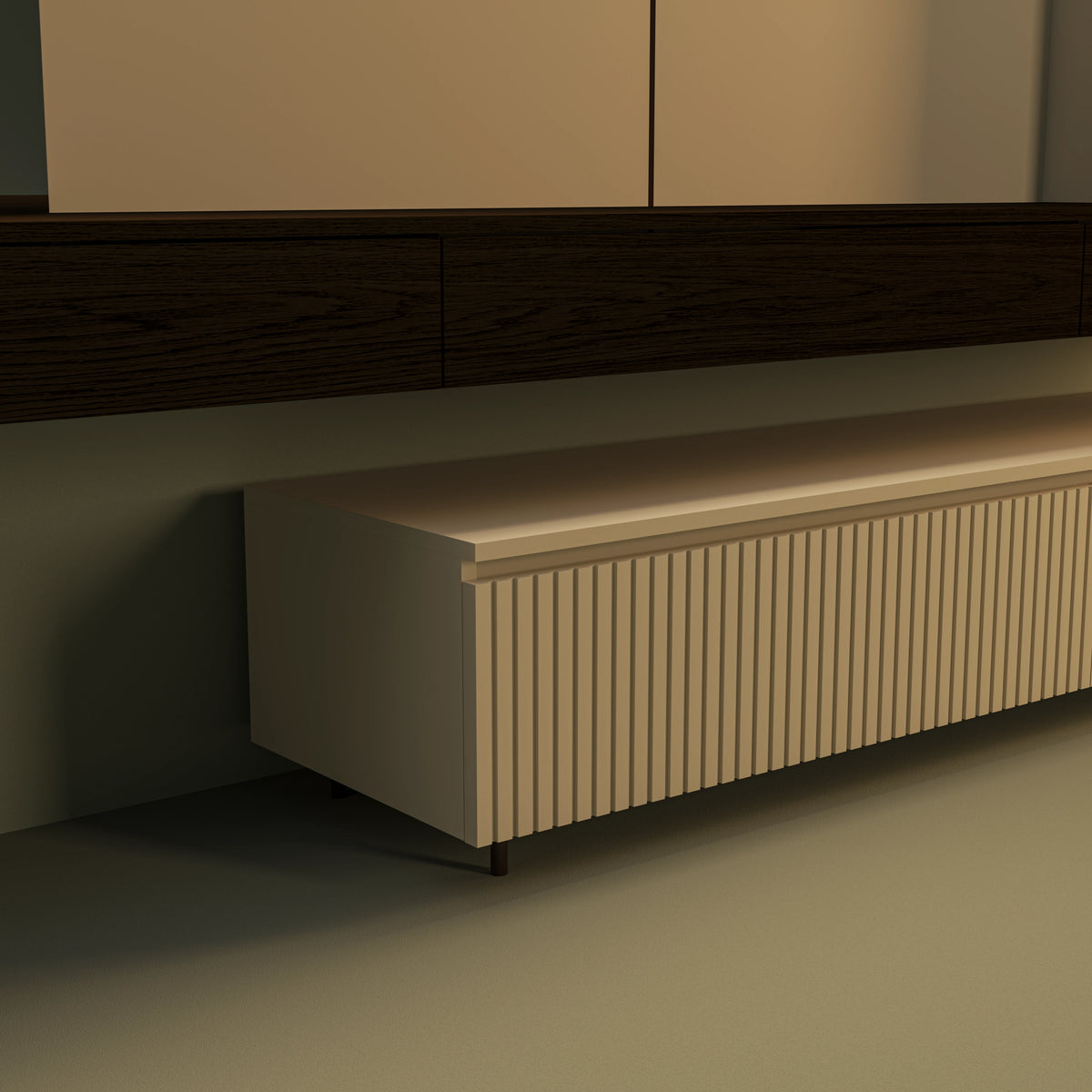 Close-up of the Bento modular dresser’s freestanding ribbed drawer with a tapered top edge and concealed handle.
