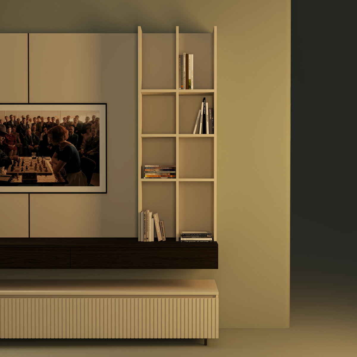 Close-up of the Bento modular dresser showing open shelves, wall cladding, elevated drawers, and a freestanding ribbed drawer.