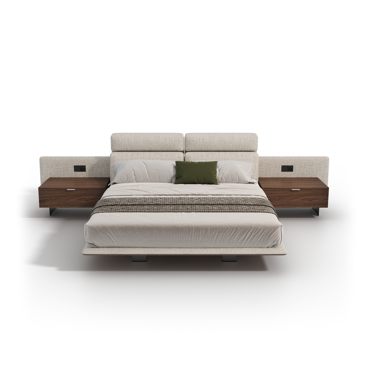 Front view of the beige Chill bed with adjustable headrests, an upholstered wall-mounted headboard, and nightstands.