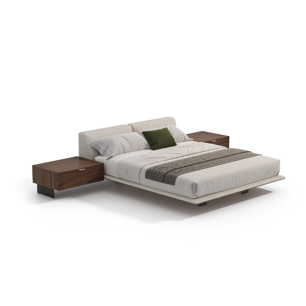 Angled product view of the beige Chill bed with lowered headrests, a piped upholstered platform, and wood nightstands.