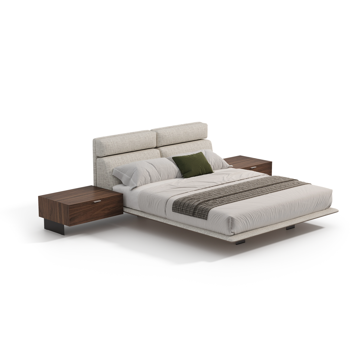 Angled product view of the beige Chill bed with raised adjustable headrests, a piped upholstered platform, and wood nightstands.