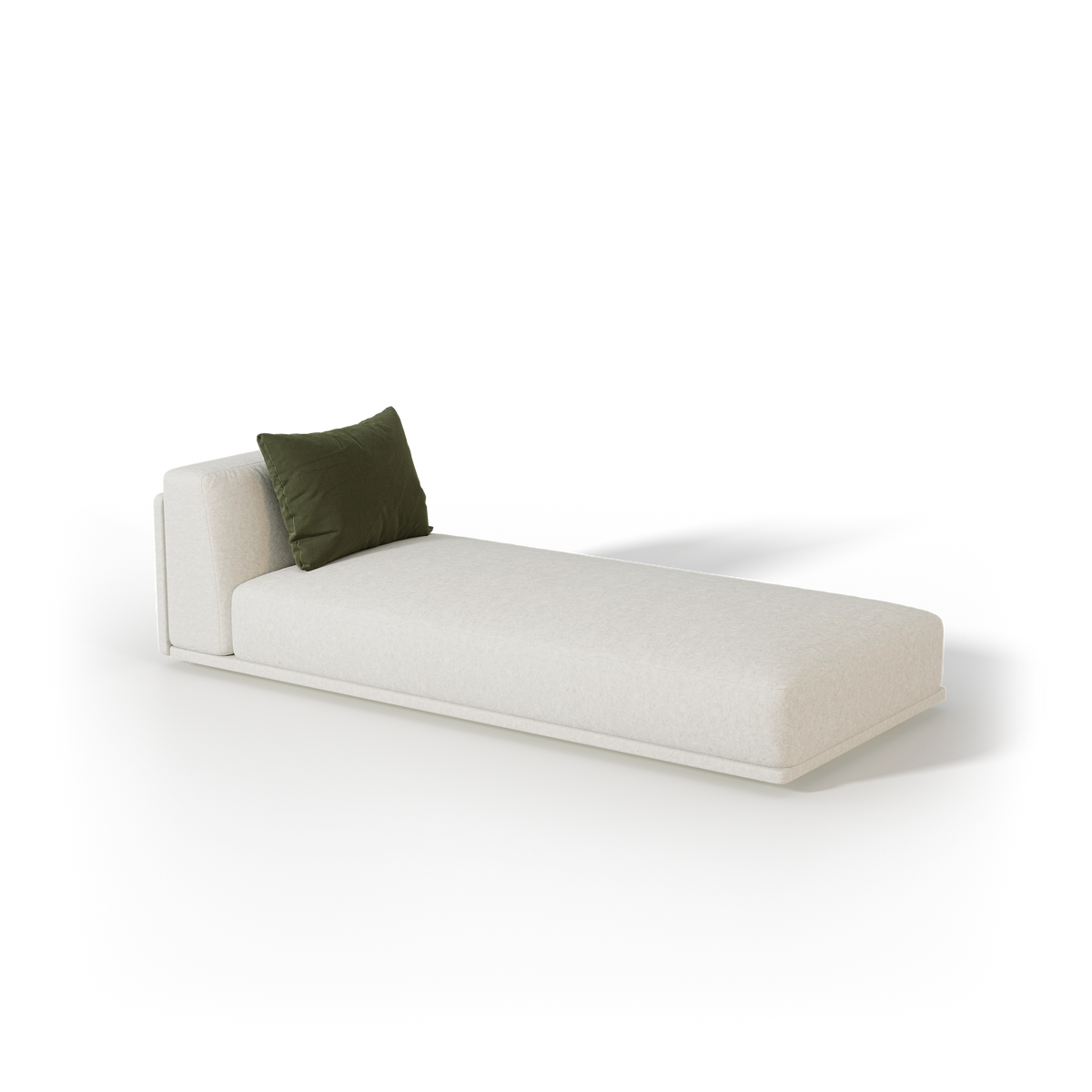 Beige Chill chaise longue with a raised adjustable headrest, low upholstered platform, and piped seams.
