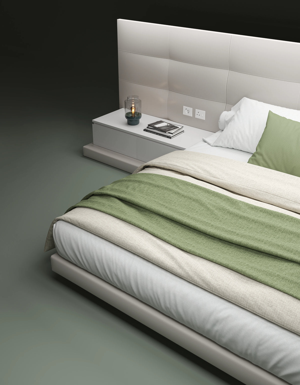 Close angled view of the beige Sublime bed with an elevated upholstered platform, rectangular tufted cladding, and integrated nightstand.