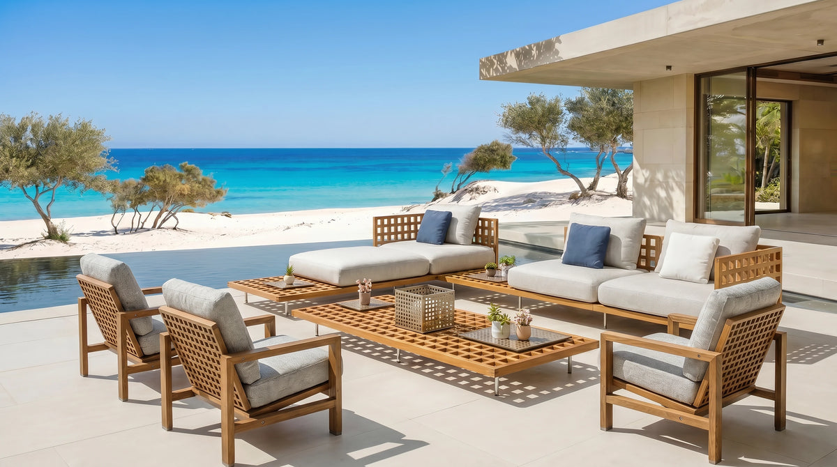 Cocoon outdoor furniture set with lattice teak sofas, four matching armchairs and a coffee table with repositionable trays and a central lantern compartment.