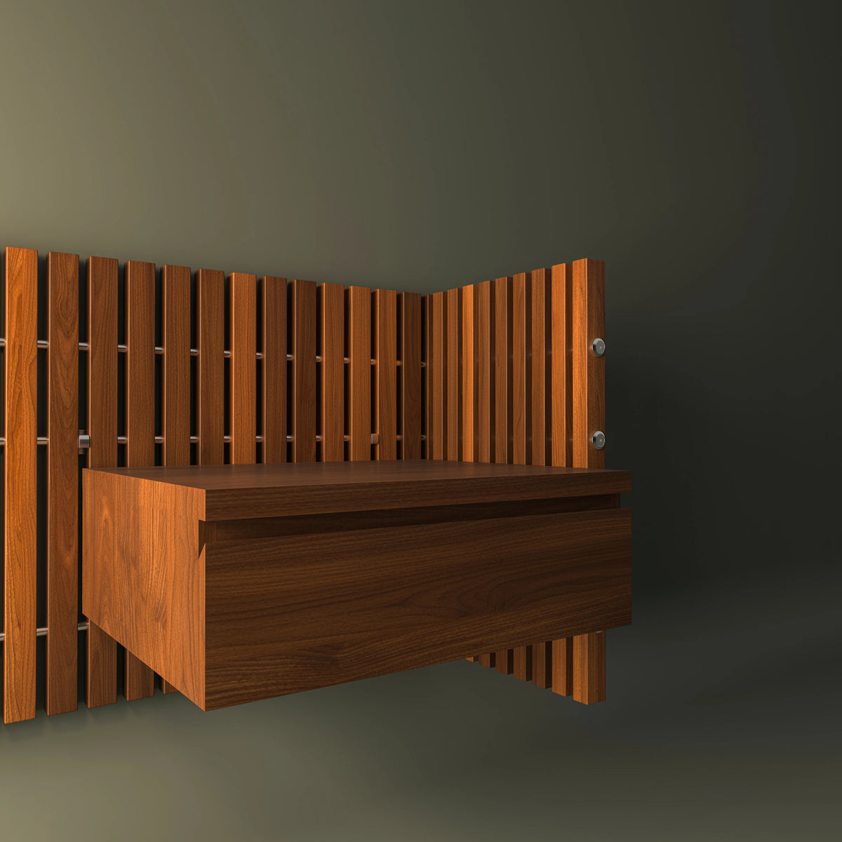 Cove mounted nightstand with a wood veneer drawer, concealed tapered handle, and matching vertical slatted headboard.