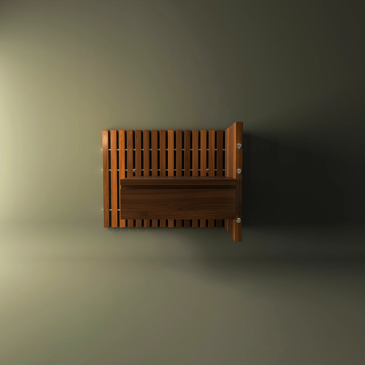 Cove wood veneer nightstand with a mounted drawer and concealed tapered handle, integrated into a slatted wood headboard.