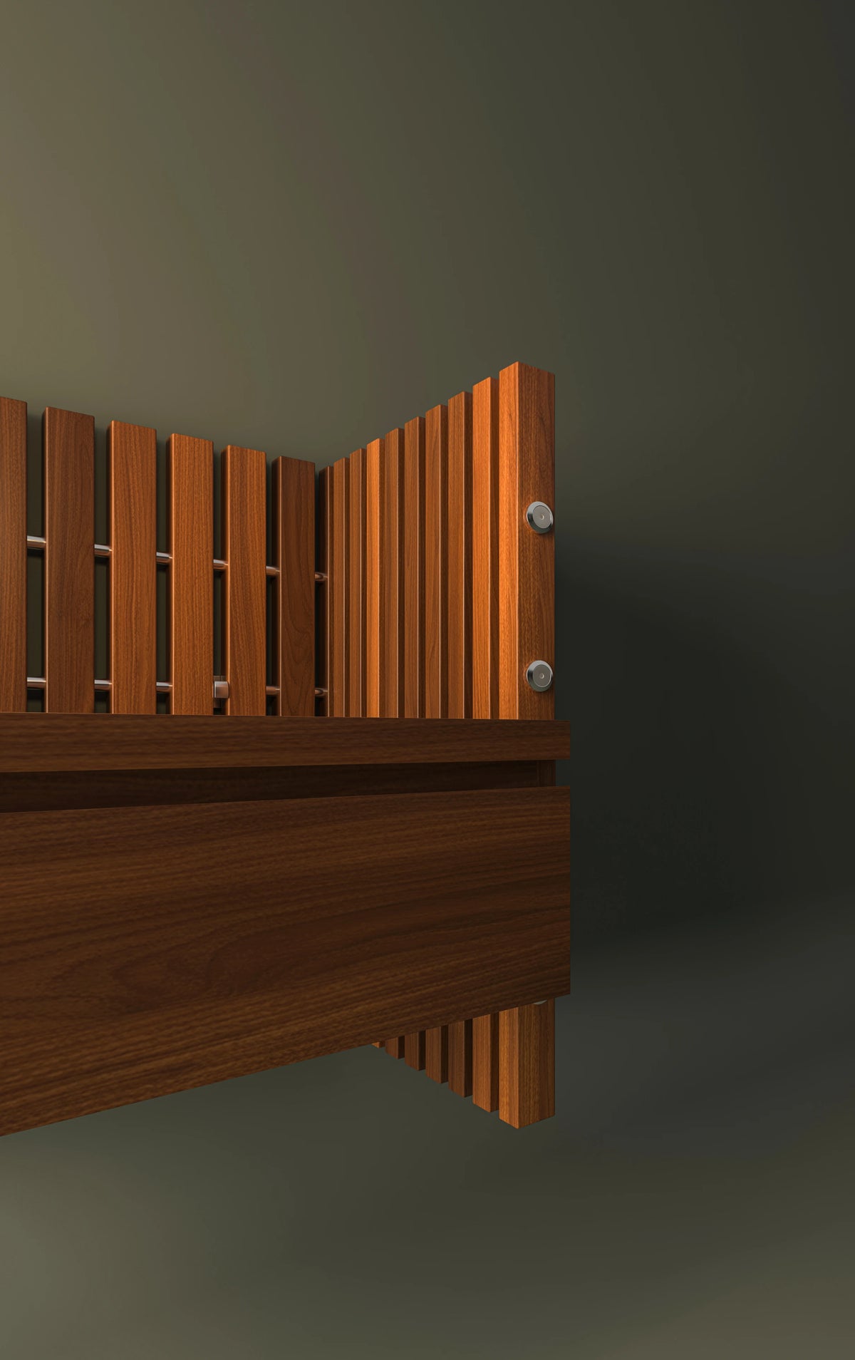 Close-up of the Cove mounted drawer nightstand showing its wood veneer finish and concealed tapered handle.
