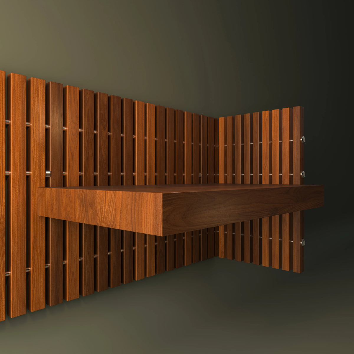 Cove drawer nightstand mounted within a vertical wood slat headboard, shown from an angled side view.