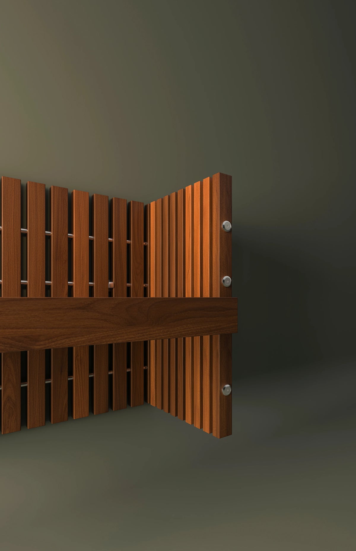 Close side view of the Cove mounted nightstand and vertical wood slat headboard, highlighting the floating installation.