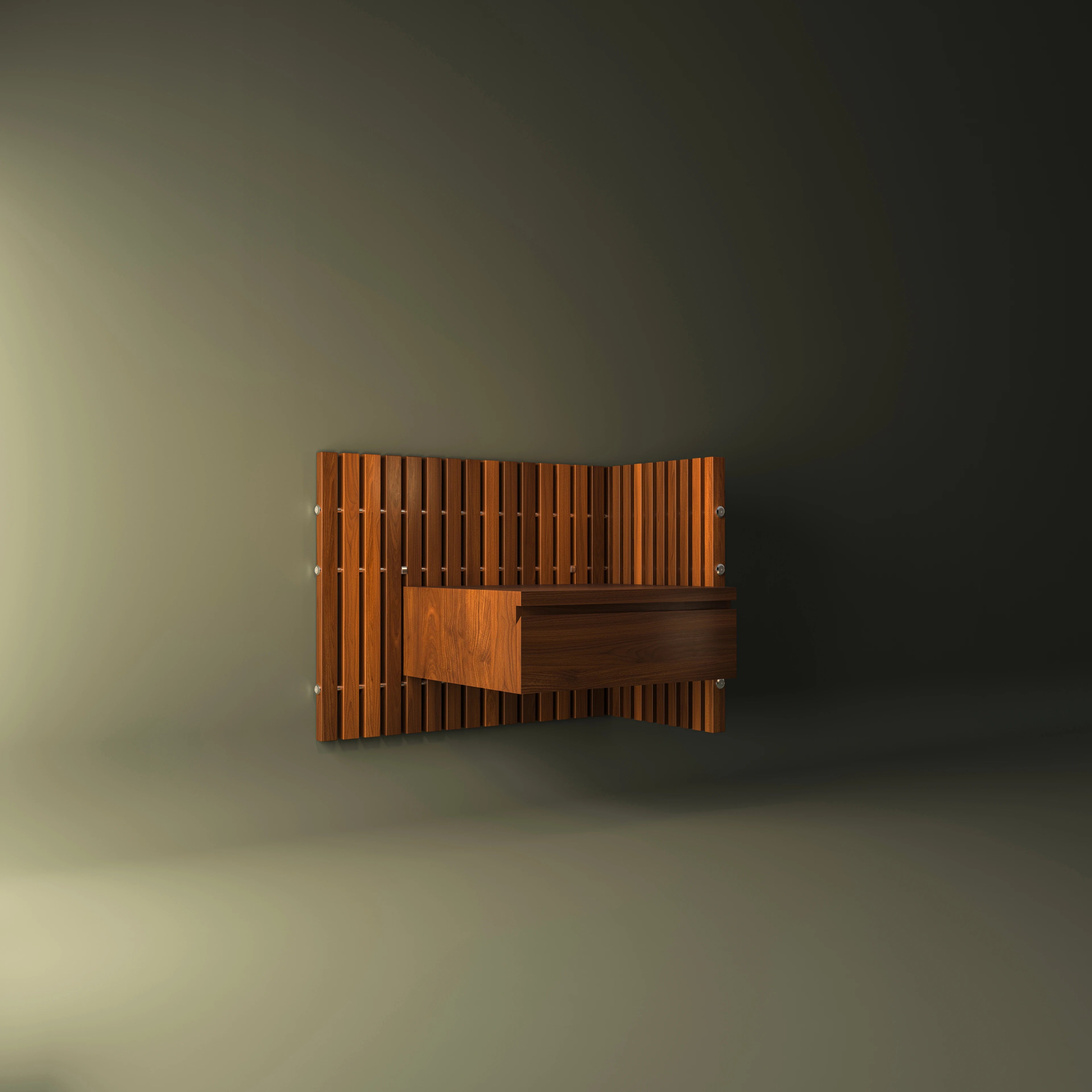Cove mounted nightstand with an open wood veneer shelf integrated into a vertical slatted wood headboard.