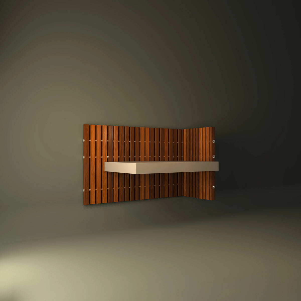 Cove mounted open-shelf nightstand in a white painted finish, integrated into a warm wood slat headboard.