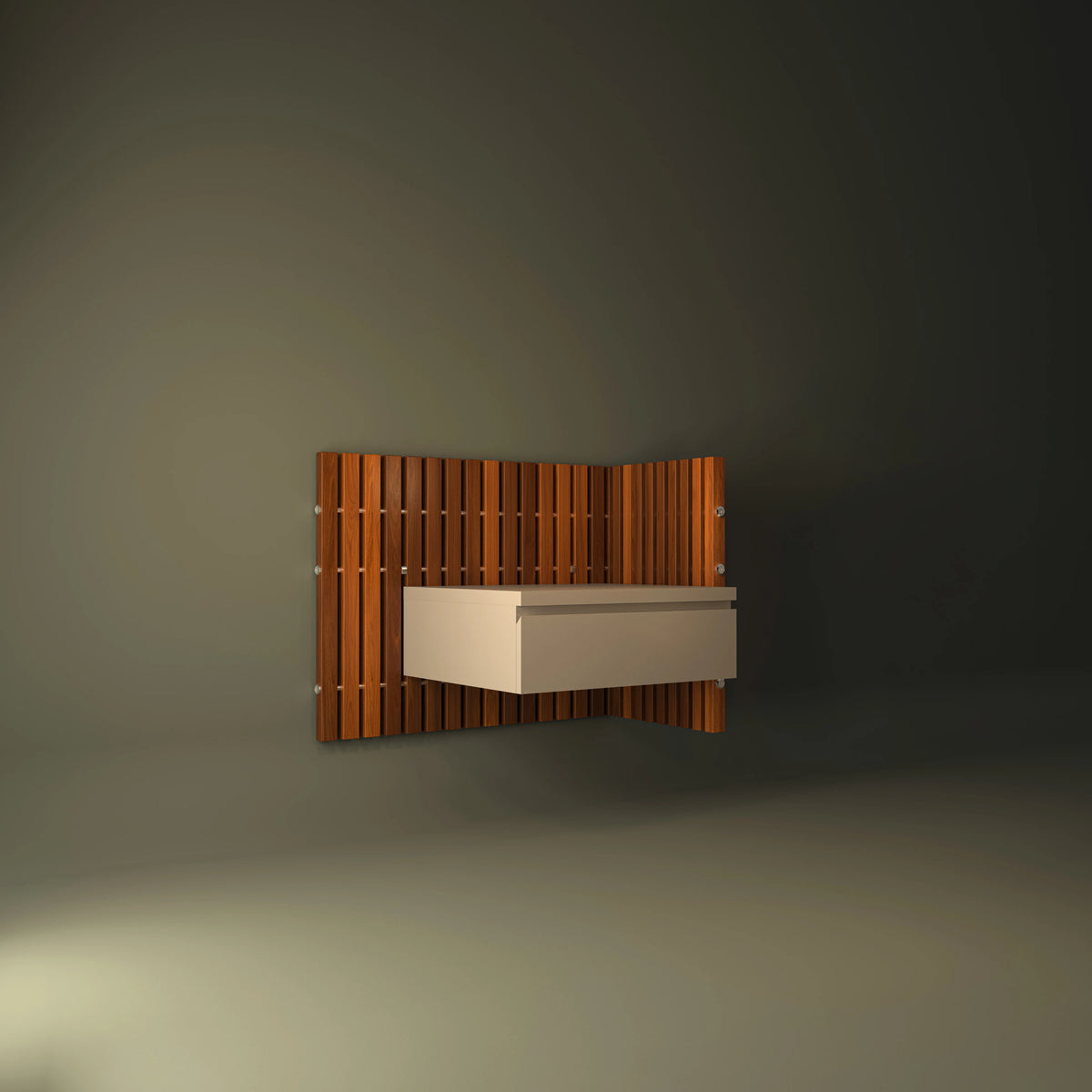 Cove mounted drawer nightstand in a white painted finish with a concealed handle, integrated into a vertical wood slat headboard.
