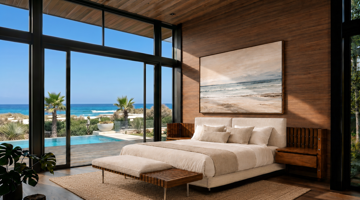 Beige Da-Fluff upholstered bed with a wall-mounted wood slatted headboard and matching banquette beside an ocean-view window.