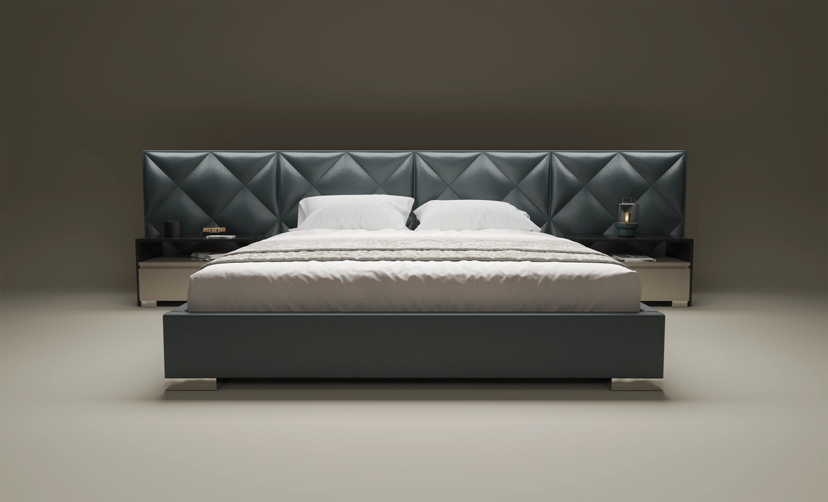 Front product view of the dark grey Diamond bed with extended diamond-panel cladding and a padded platform.
