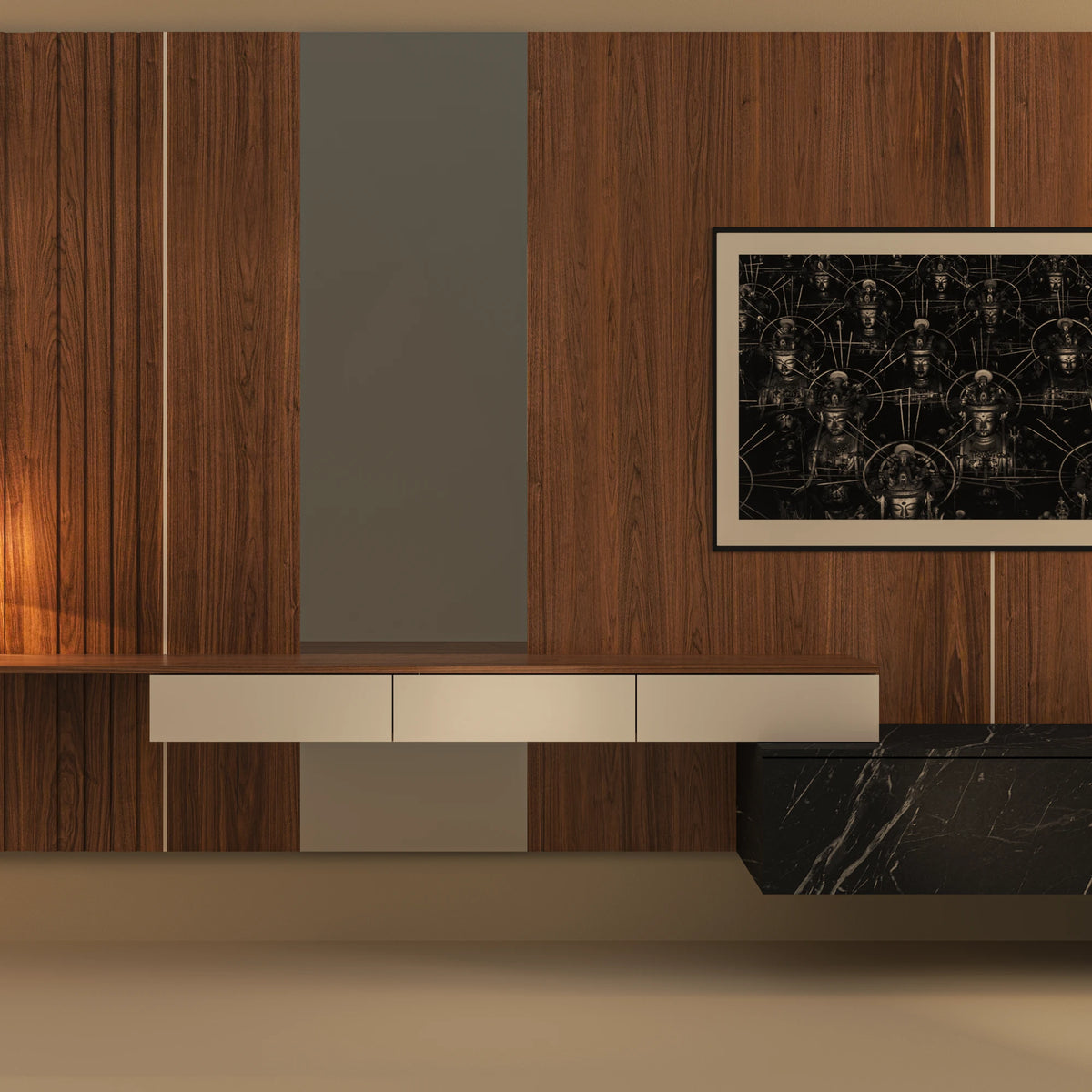 Enzo modular dresser with walnut cladding, painted and wood veneer upper drawers, a marble-laminate lower drawer, and optional TV installation.