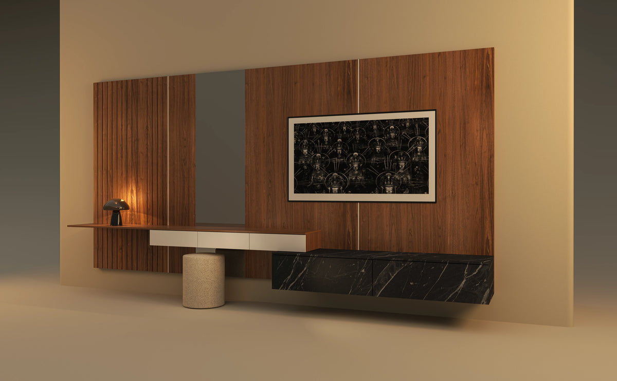 Wide view of the Enzo modular dresser with walnut cladding, solid walnut slats, mixed drawer finishes, and an optional TV installation.