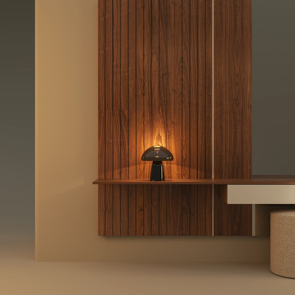 Close-up of the Enzo modular dresser’s solid walnut slatted panels, dark shelf, upper-mounted drawers, and table lamp.