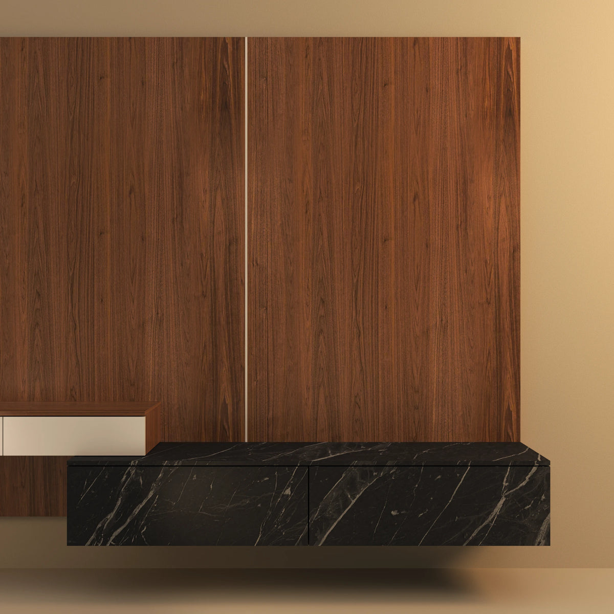 Front detail of the Enzo modular dresser with walnut veneer cladding, slim aluminum inserts, and a black marble-laminate lower drawer.