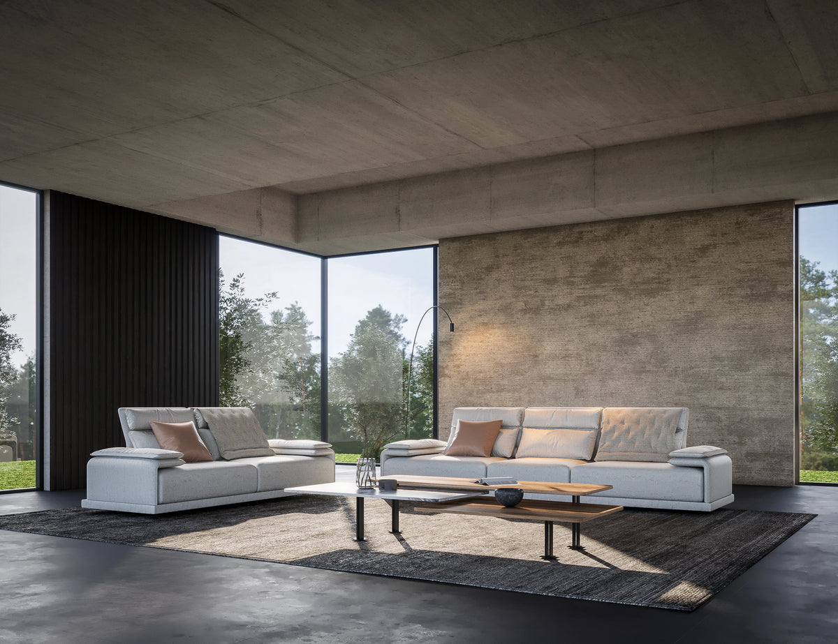 Beige Flexor modular sofa with adjustable headrests, lumbar cushions, and padded armrests in a modern living room.