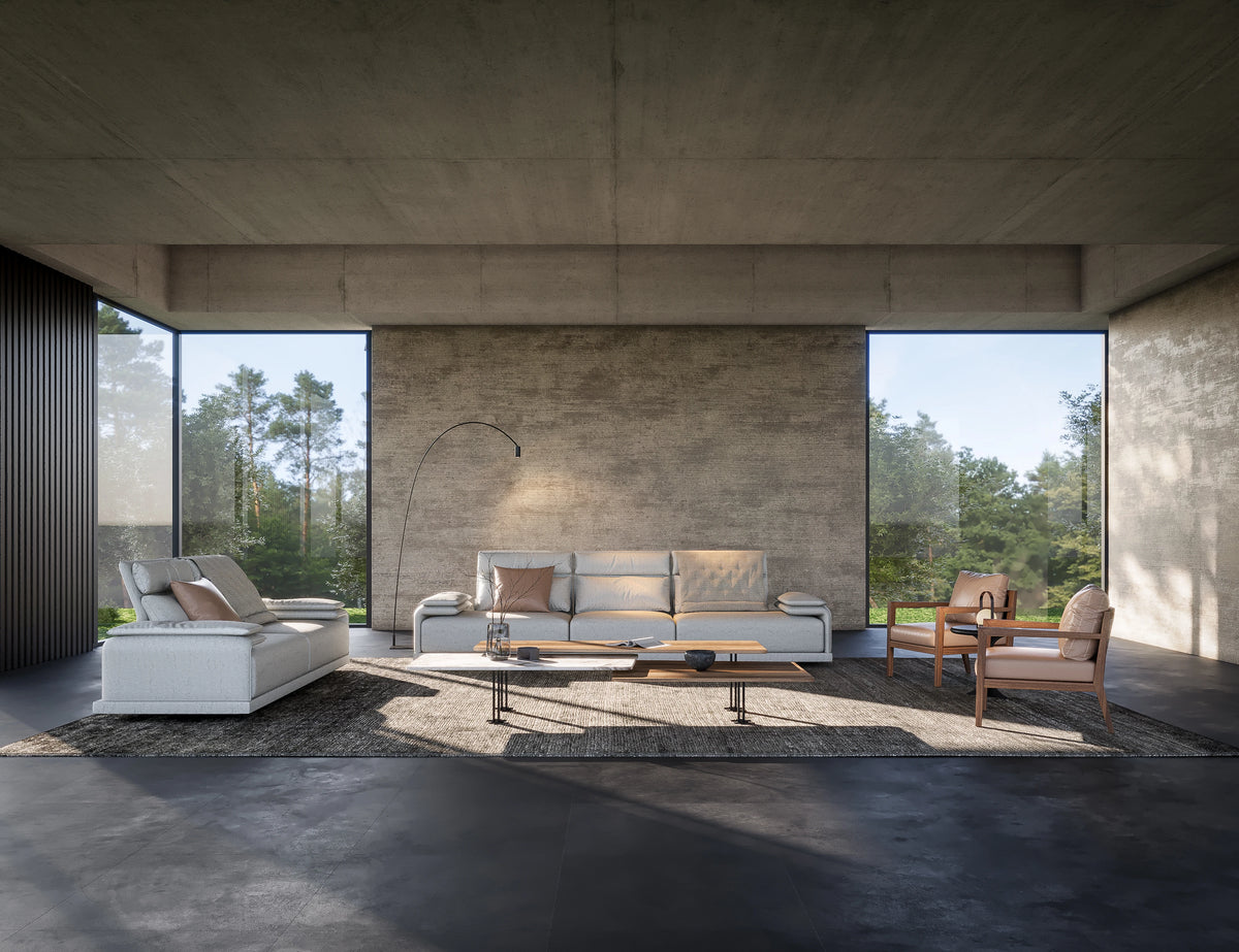 Beige Flexor three-seat sofa and matching two-seat sofa with adjustable headrests, lumbar cushions, and padded armrests.