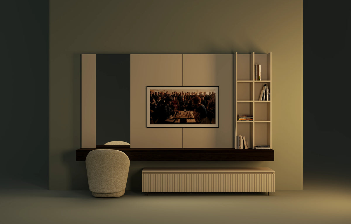 Front view of the Bento modular dresser with an optional TV installation, open shelves, elevated drawers, and a freestanding ribbed drawer.