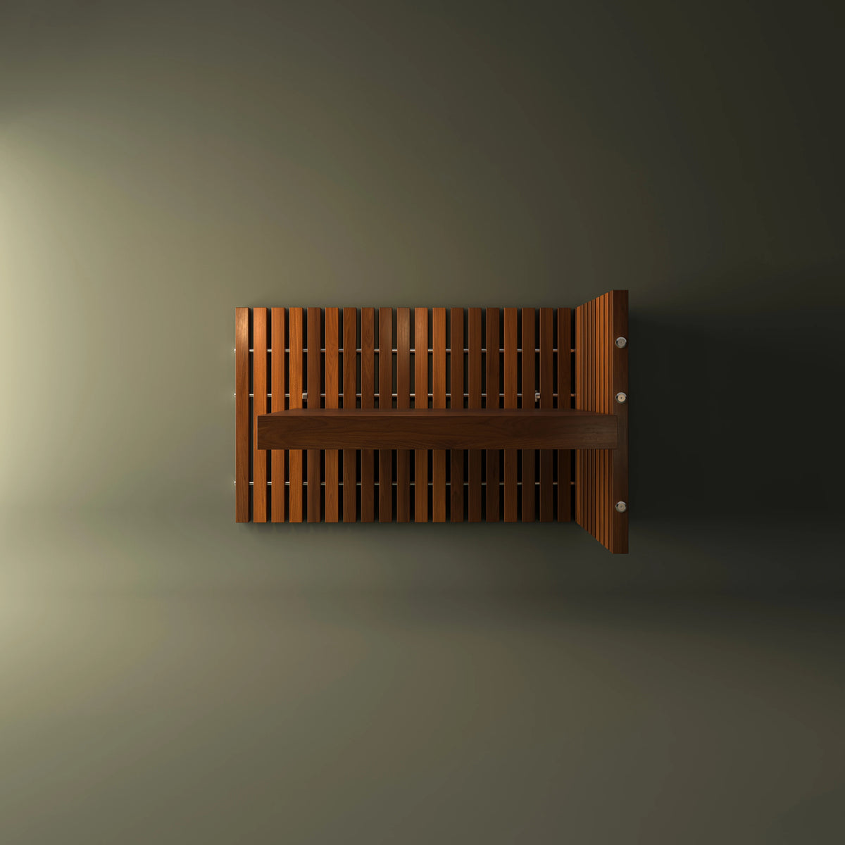 Front view of the Cove mounted drawer nightstand with a wood veneer finish and concealed handle against vertical wood slats.