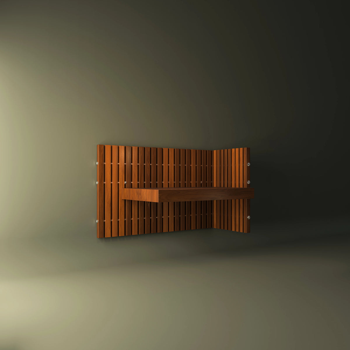 Front view of the Cove open-shelf nightstand mounted within a vertical wood slat headboard.