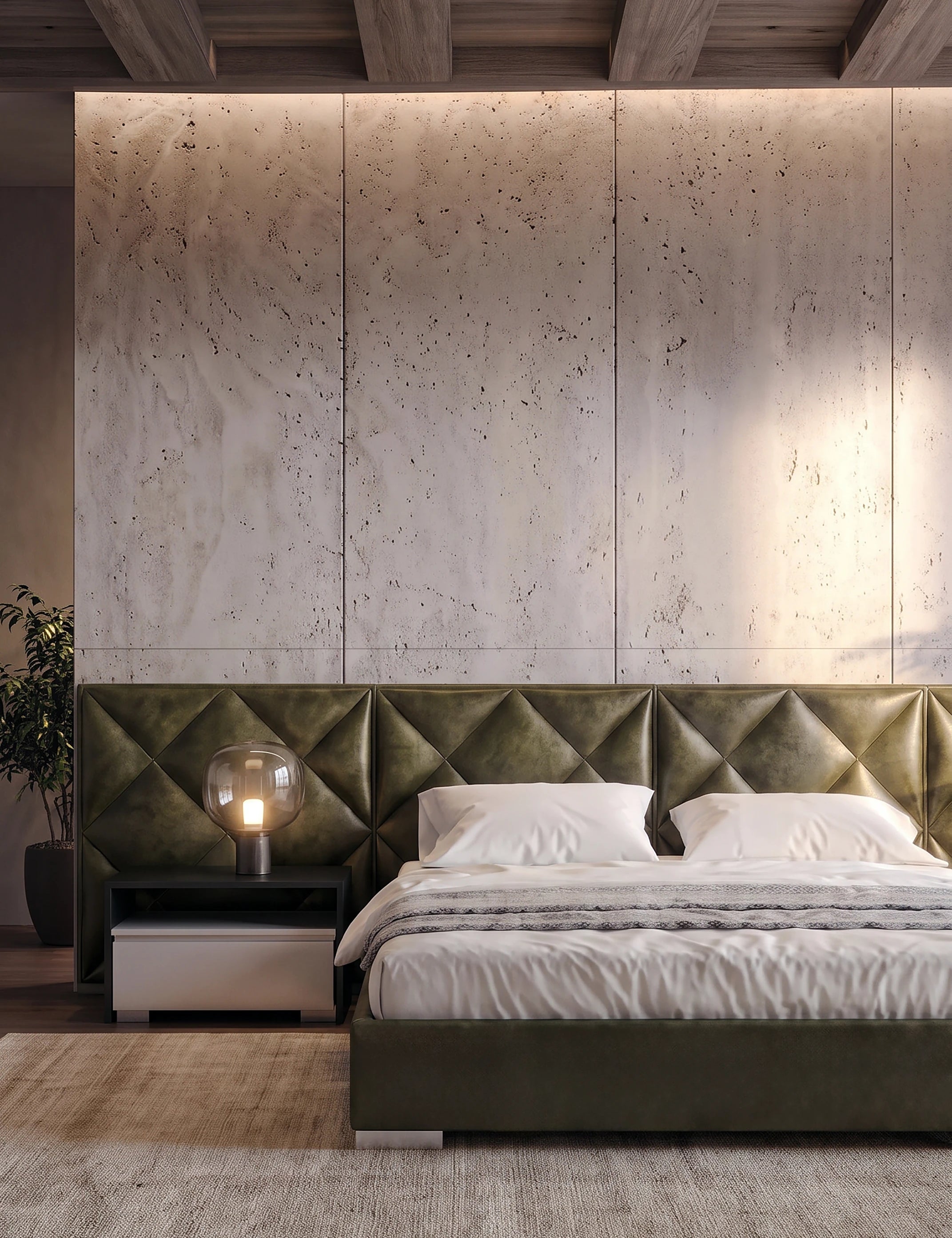 Front view of the dark green Diamond bed with upholstered diamond-panel cladding and a matching integrated nightstand.