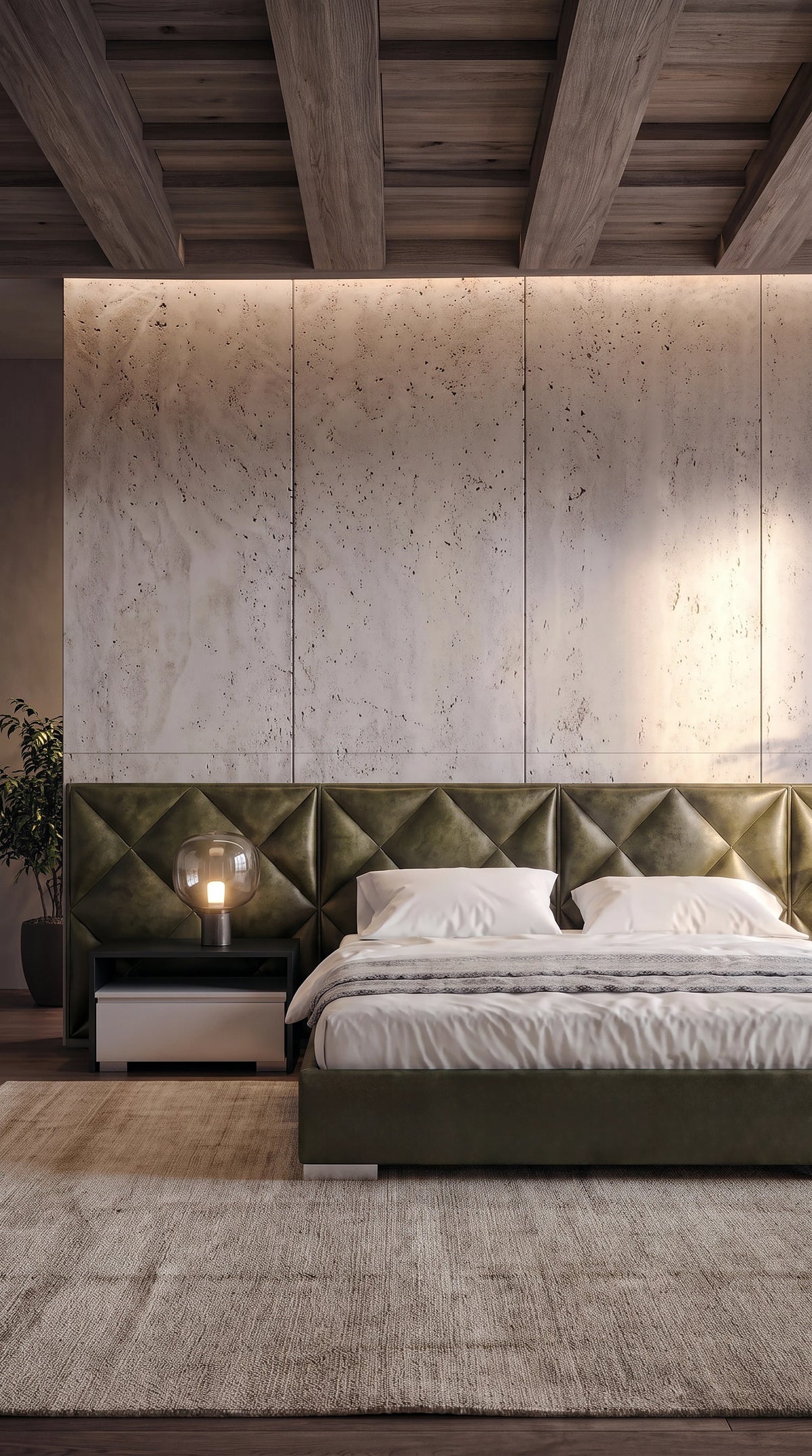 Front view of the dark green Diamond bed with upholstered diamond-panel cladding and a matching integrated nightstand.
