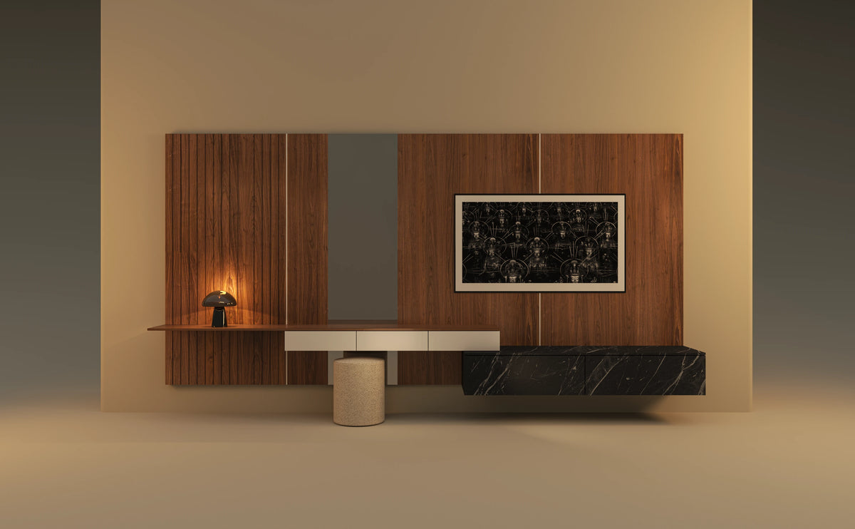 Front view of the Enzo modular dresser with walnut cladding, solid walnut slatted panels, mixed mounted drawers, and optional TV installation.