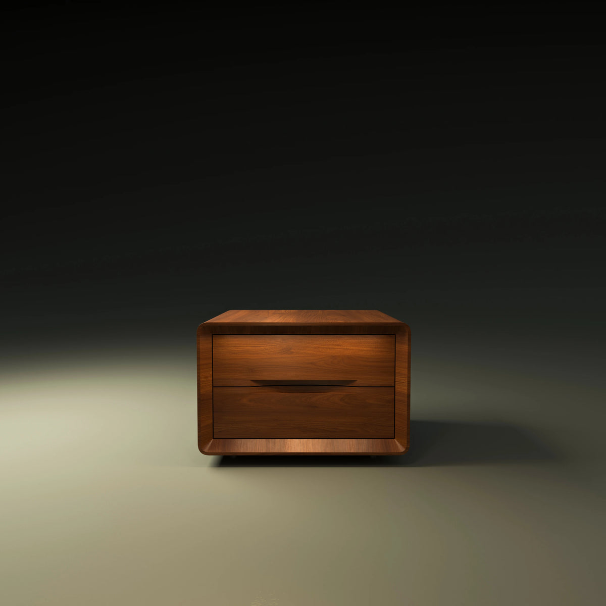 Front view of the Groove two-drawer nightstand with a wood veneer finish, curved frame, and horizontal grooved handles.