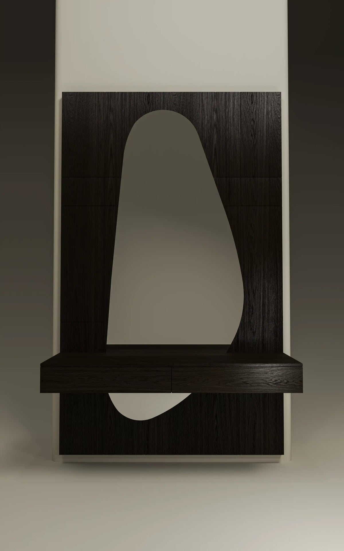 Front view of the Halo dresser with a freeform mirror, dark carved oak veneer cladding, and elevated drawers with concealed handles.