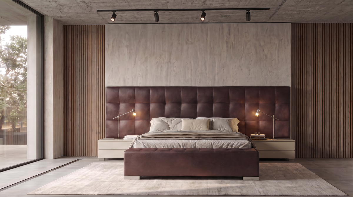 Front view of the dark brown Square bed with extended square-grid cladding, a padded platform, and matching nightstands.