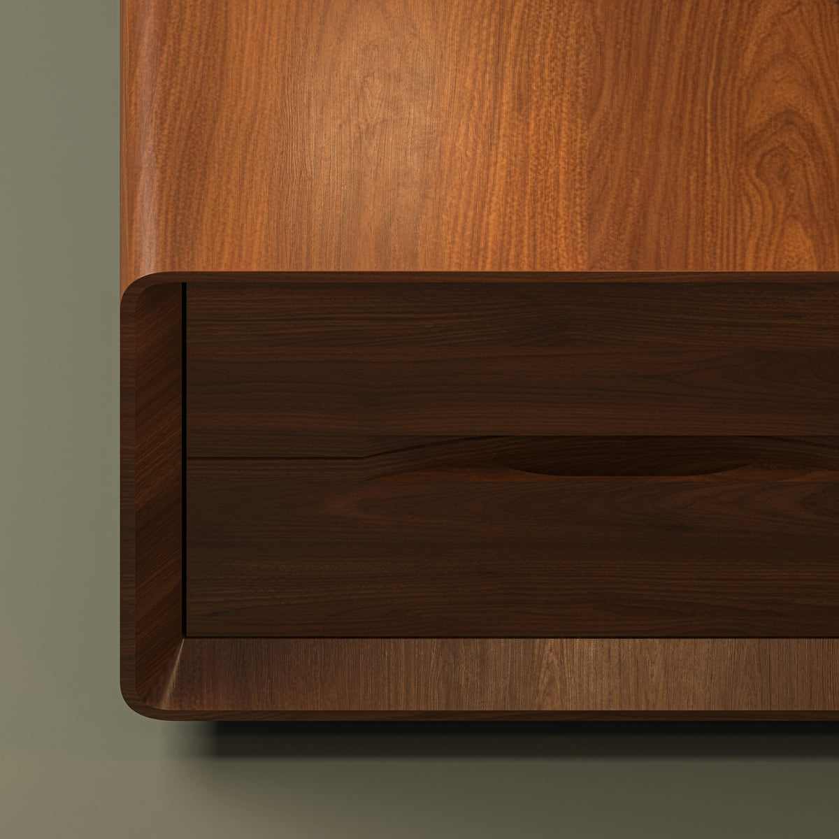 Close-up of the Groove Nightstand highlighting the wood grain, horizontal groove handle, and tapered edges around the drawer front.