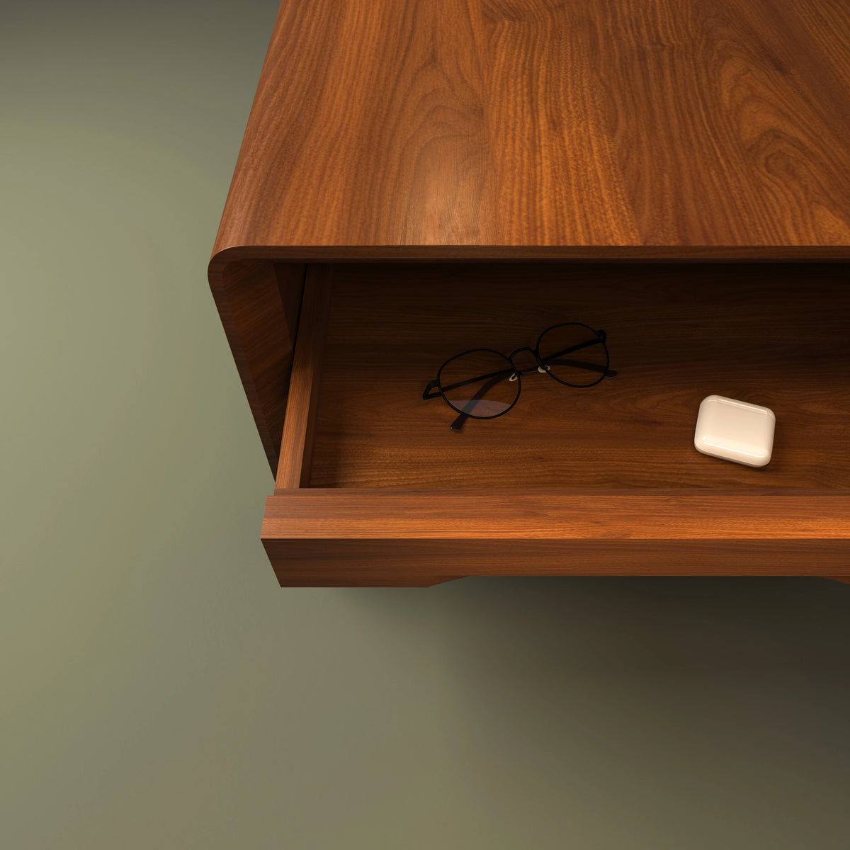 Close-up of the Groove Nightstand with its shallow upper tray open, highlighting the horizontal groove handle and wood veneer finish.
